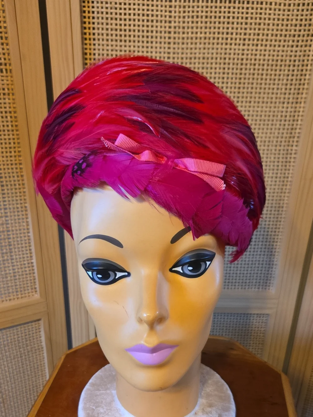 Vintage Feathered Hat Wool- Hot Pink Mid Century Unique